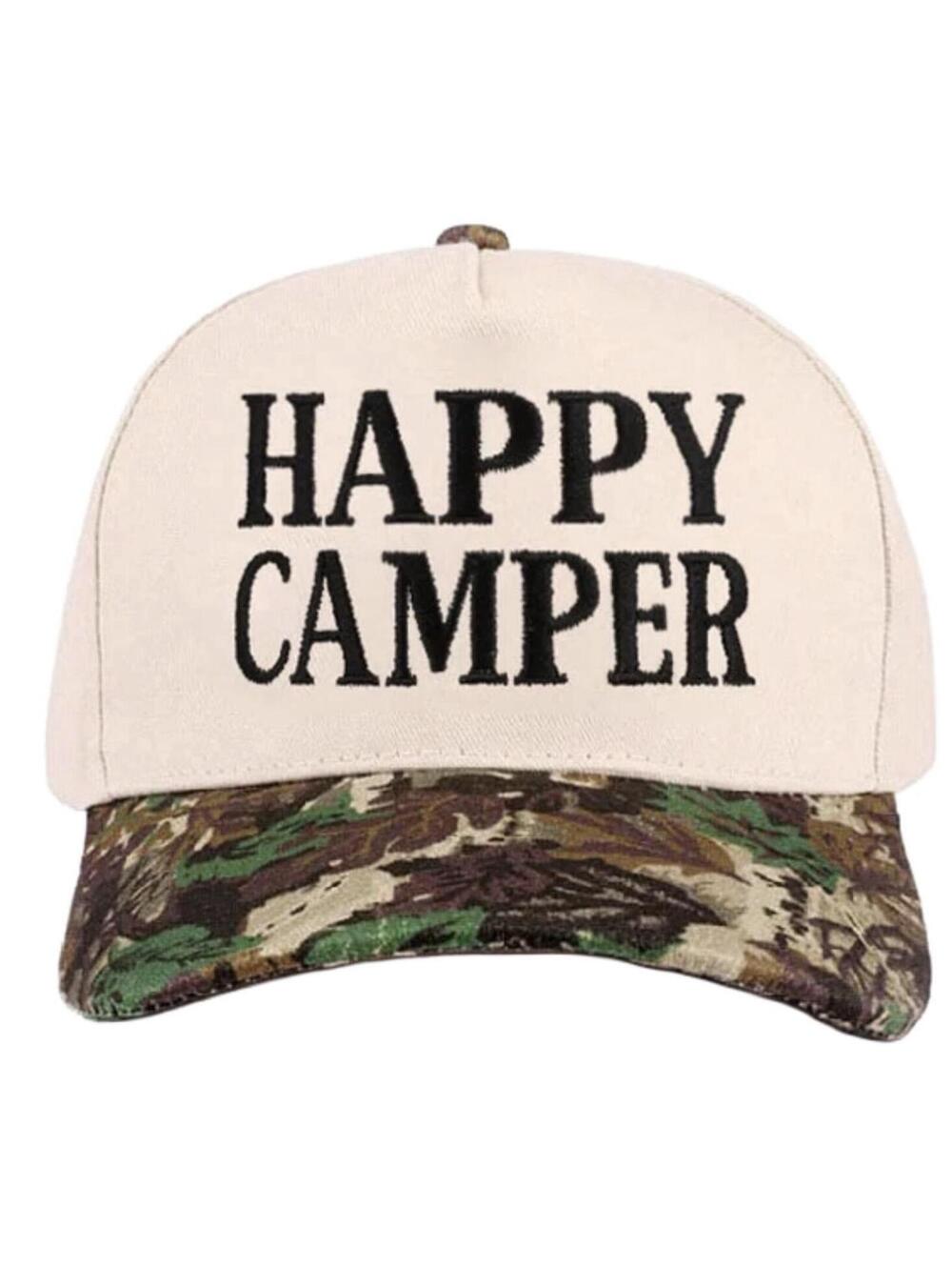 HAPPY CAMPER Embroidered 2-Tone Canvas Hat Cap Adjustable Camo Design NEW